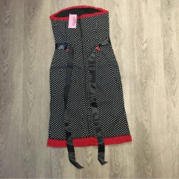Red Black and White Polka Dot Strapless Rockabilly Midi Dress vintage 90s - Picture 2 of 4